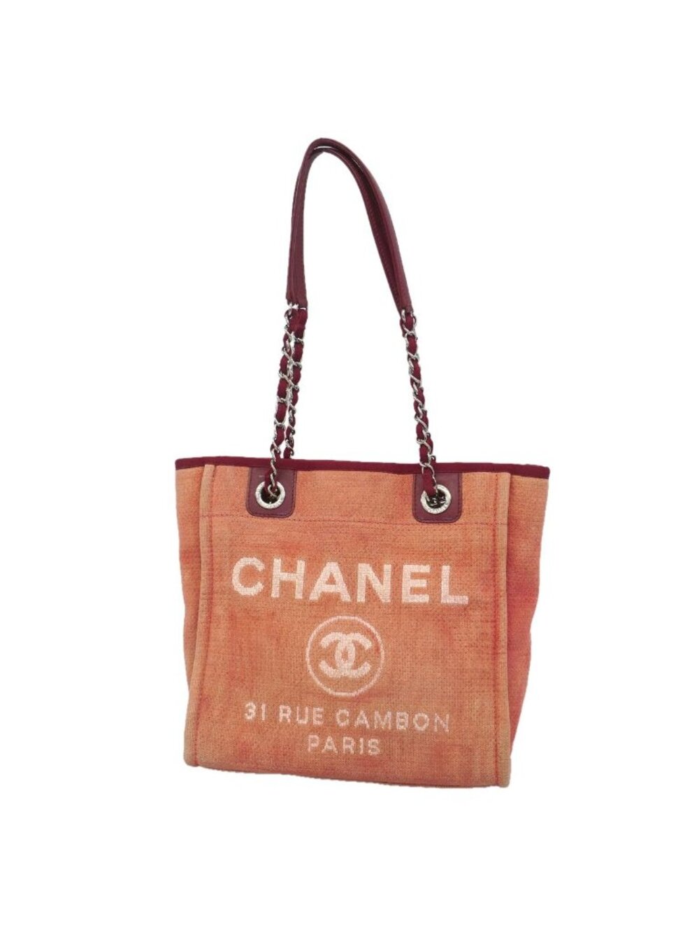 Chanel Tote Deauville Canvas Red Silver
